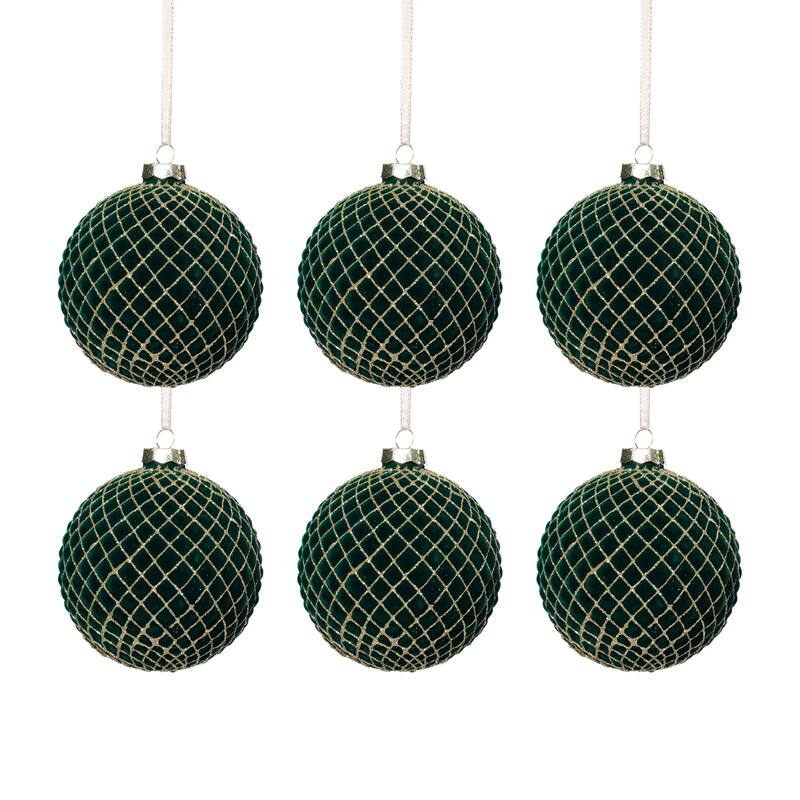 Flocked Glass Ball Christmas Ornaments with Gold Accents, Set of 6, 4"