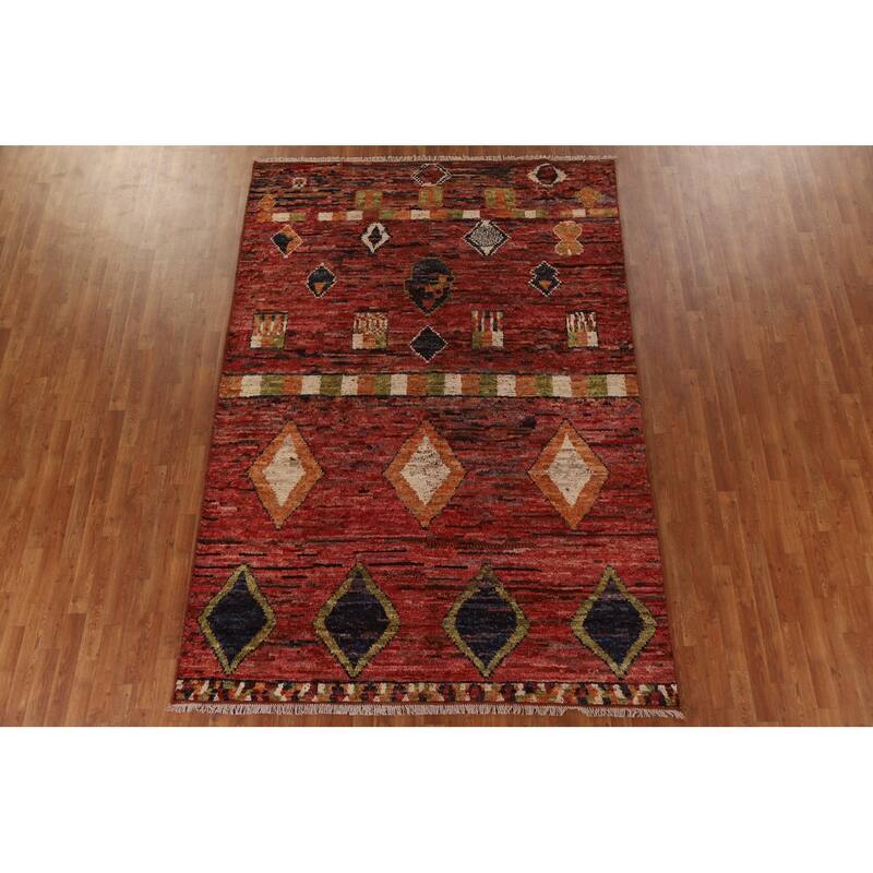 Hand Knotted Oriental 100% Wool Carpet Modern Tribal Red Moroccan Area Rug - 9' 11'' X 6' 9''