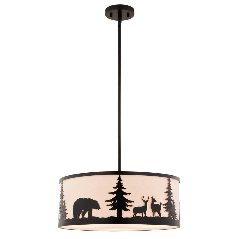 Acadia 3L Bronze Rustic Pendant Light White Linen Bear Deer Tree - 18-in W x 16.75-in H x 18-in D