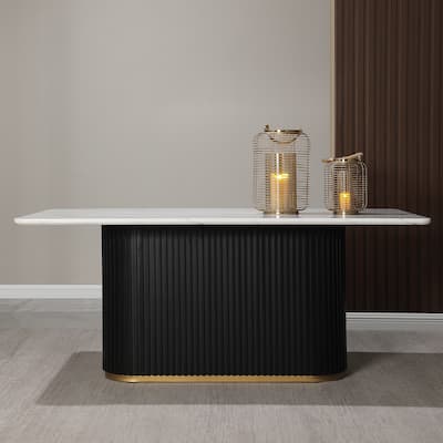 Modern Rectangular White Dining Table with Black Metal Base and Golden Trim
