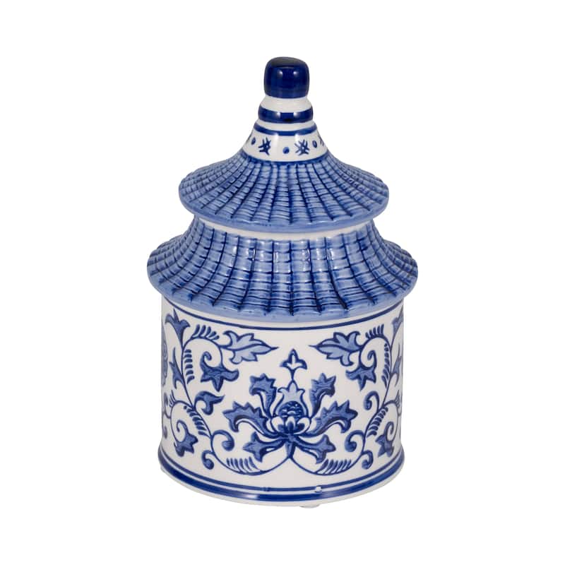 Sagebrook Home 8" Ceramic Plumeria Chinoiserie Pagoda Candle - Blue/White - 5" x 5" x 8"