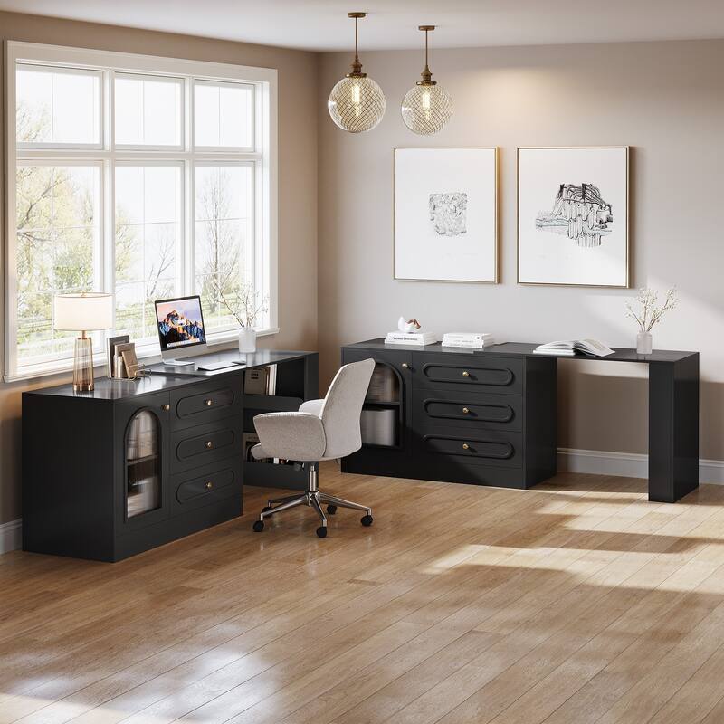Modern 360° Rotatable Computer Desk with 3 Drawers, L Shaped Corner Executive Desk