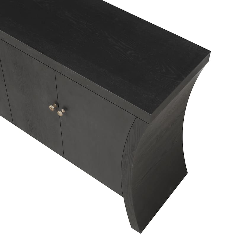 GDFStudio - Industrial 4-Door Credenza with Wooden Arc Legs & Bronze Clasps, Solid Wood Storage Cabinet