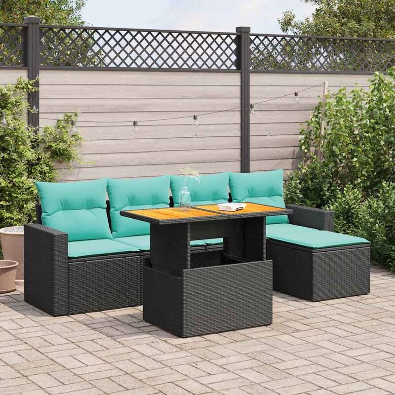 vidaXL Patio Sofa Set with Cushions Outdoor Furniture 6 Piece Poly Rattan - Black with storage - 21.7" x 24.4" x 27.2"
