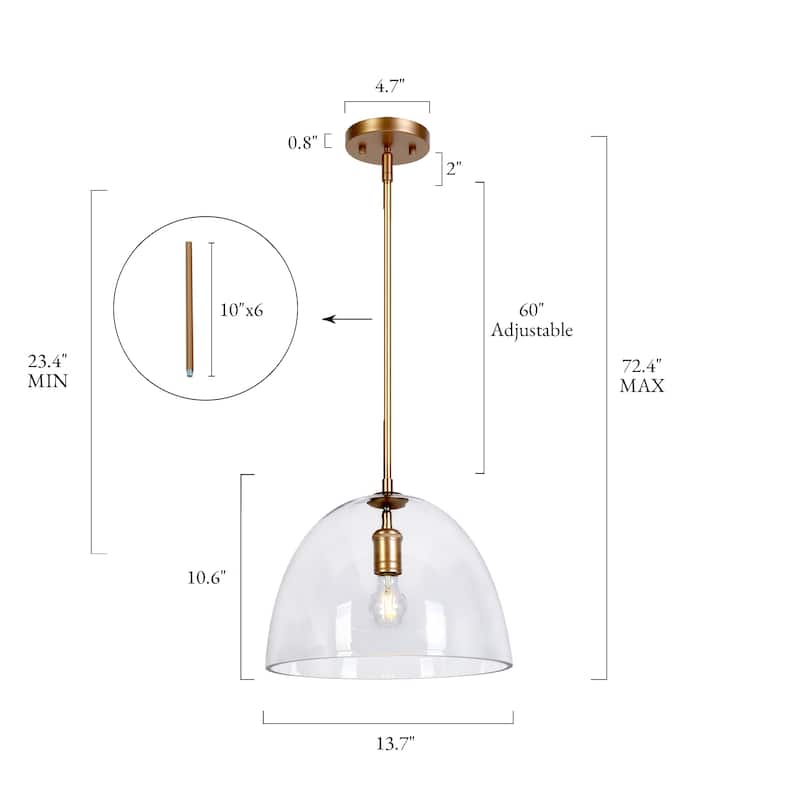 Modern Gold 1-Light Bell Pendant Light for Kitchen Island with Clear Glass Shade - 13.7" W x 10.6" H