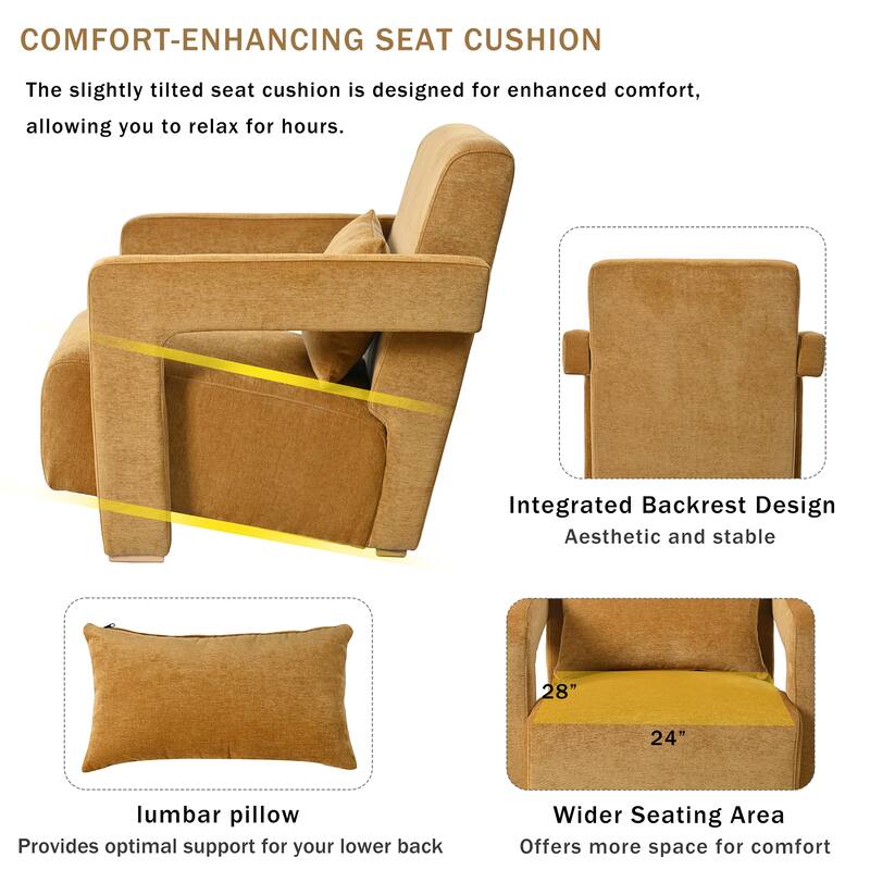 Boucle Accent Chair with Ergonomic Lumbar Support and Square Wooden Legs and Right-Angle Armrests, Inclined Seat