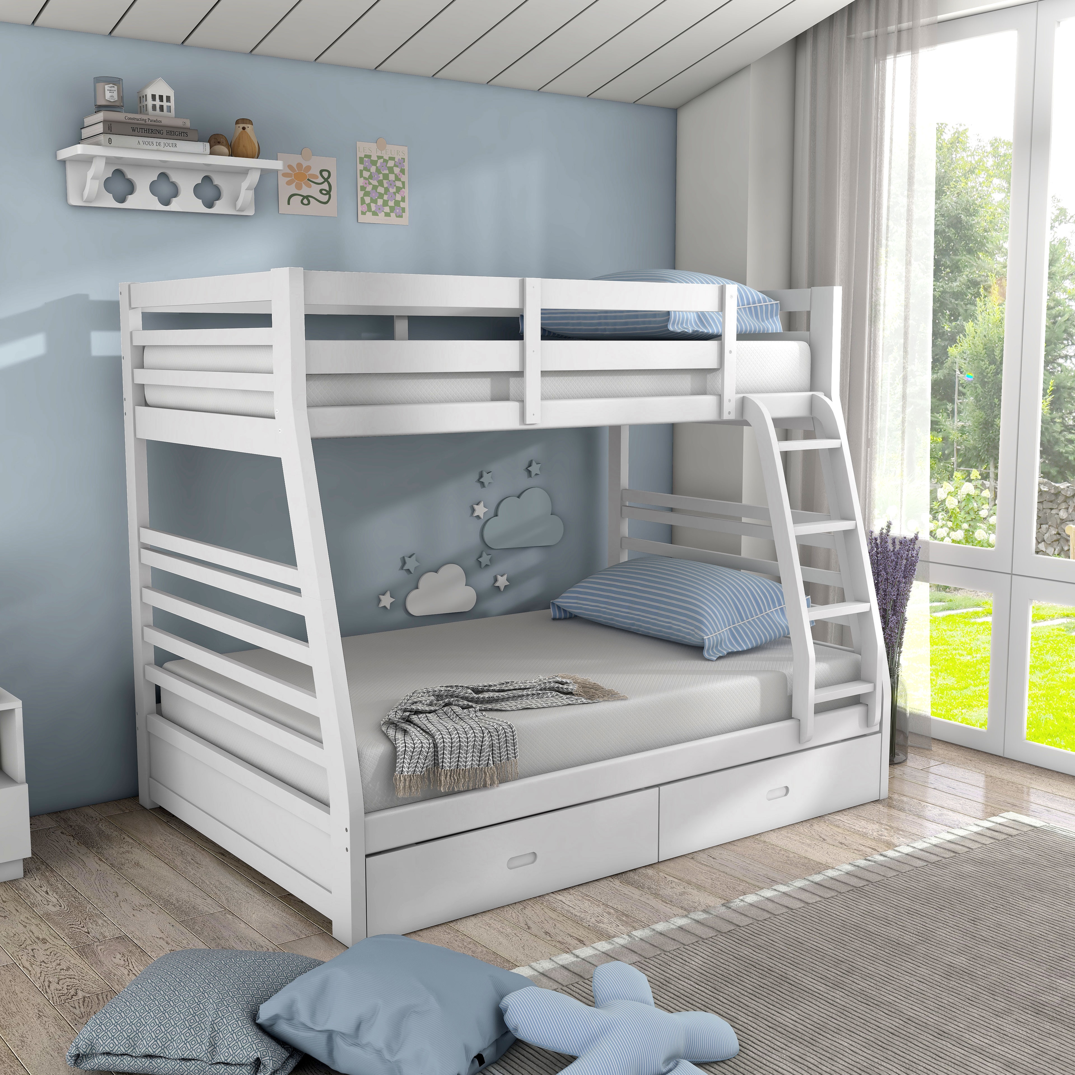 Cude Modern 3PC Bunk and Mattress Set Twin Full Solid Bunk Bed Set with 6 8 Memory Foam Mattress by Furniture of America