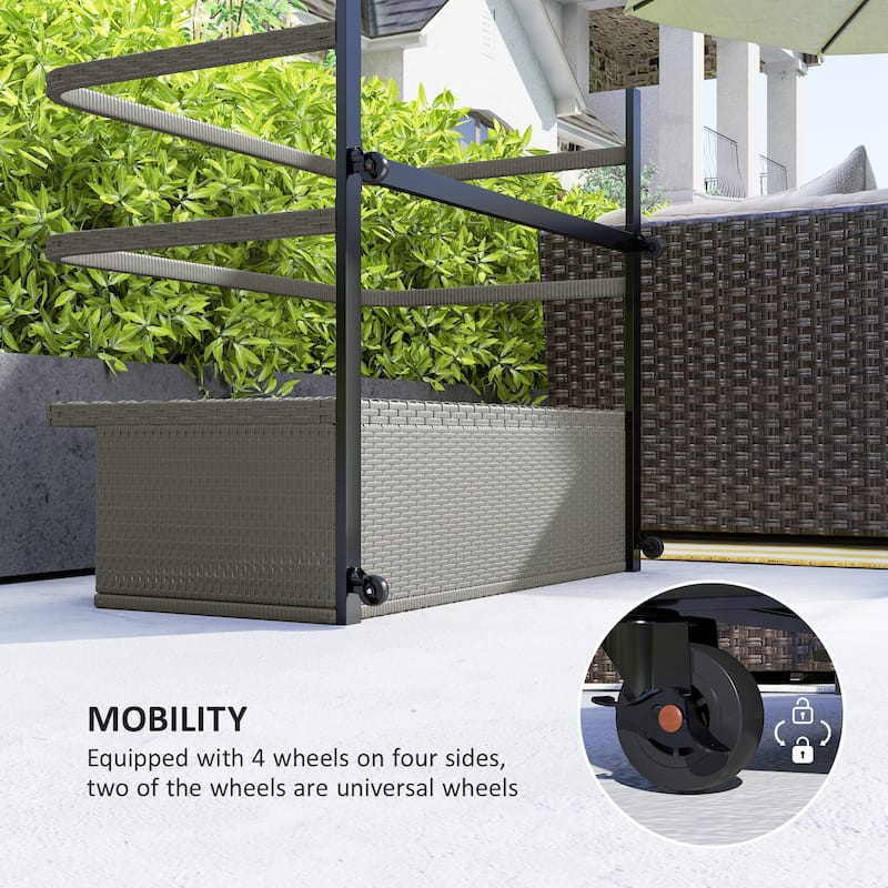 Wicker Pool Float Storage Organizer, PE Rattan Outdoor Pool Float Holder with Rolling Wheels & Storage Rack, Mixed Gray