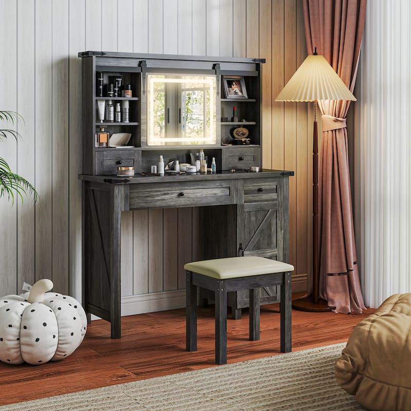 HOMCOM Vanity Desk with Mirror and Lights, 42" Glass Top Makeup Vanity Table Set with 3 Color Lighting, Shelves for Bedroom - Grey - Full