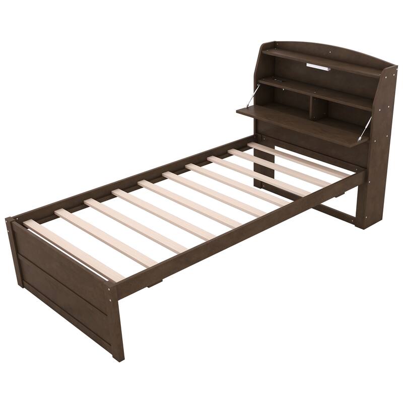 Wood Captain Bed Platform Bed with Trundle and 3 Drawers, Single Bed Frame with Storage Headboard and Integrated LED Light