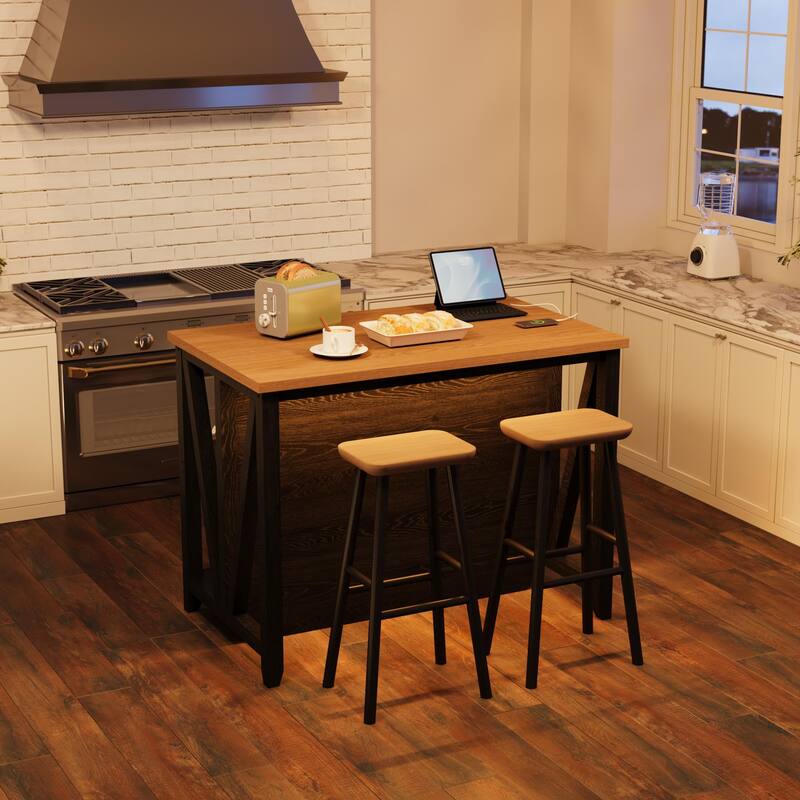 Large Kitchen Island with Storage, Dining Table Set with Power Outlet & LED Lights, 47.2" Coffee Bar Table
