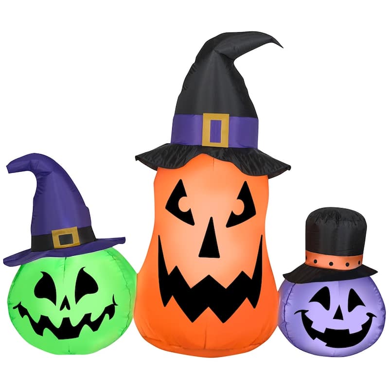 Gemmy Airblown Inflatable Whimsical Pumpkin Trio w/Hats Scene, 4.5 ft Tall