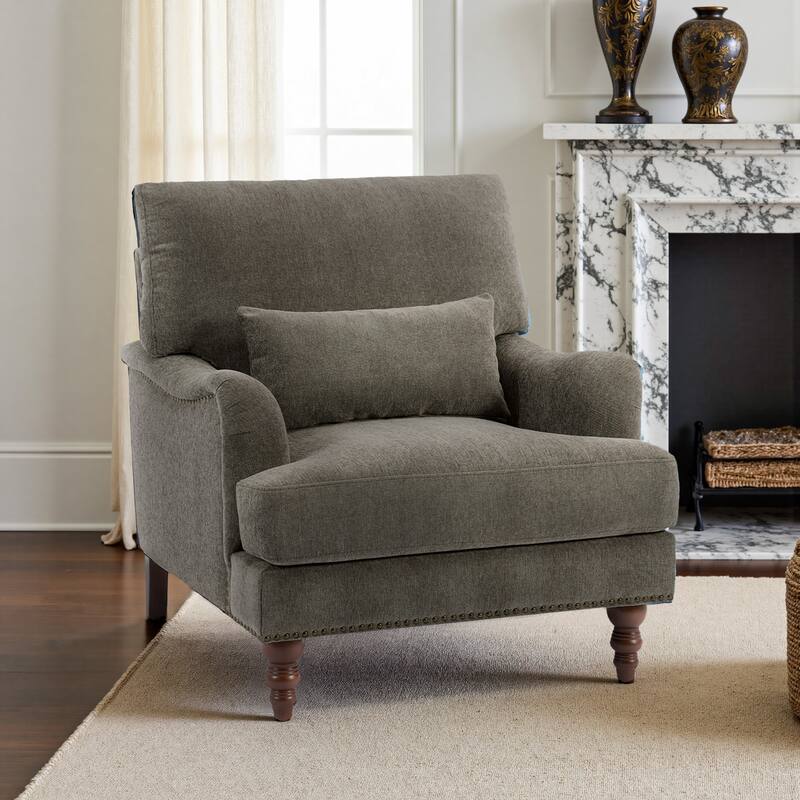 Oversized Accent Chair Chenille Upholstered Armchair With Rivets - Tan