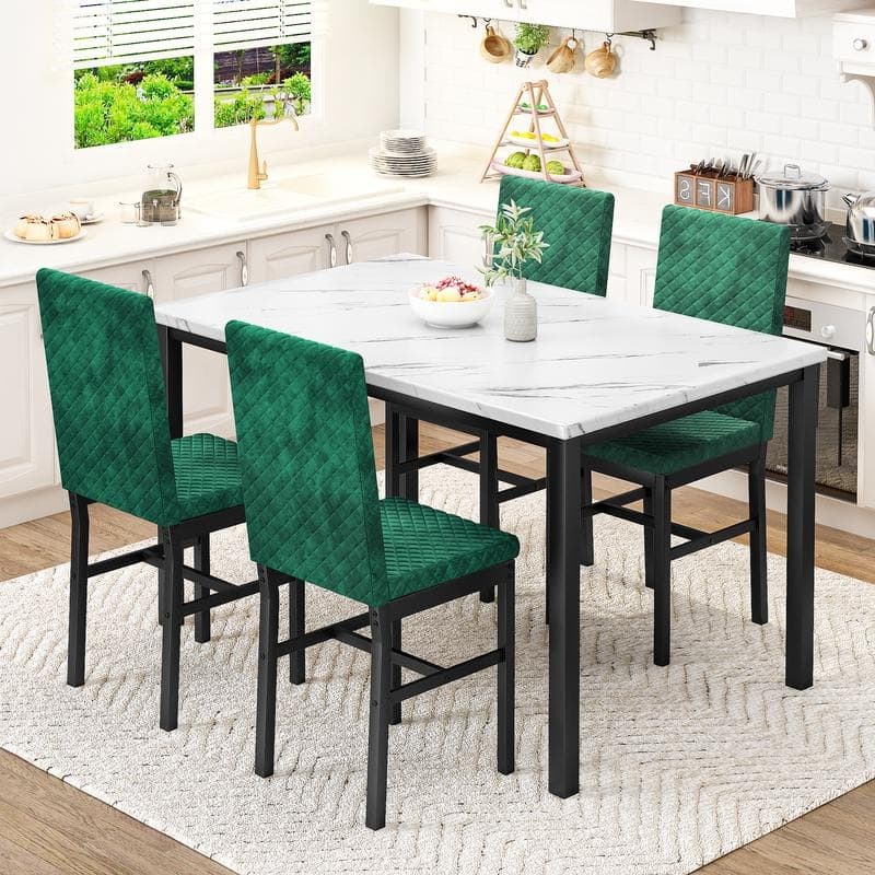 Grondin 5-Piece Dining Room Table Set with Faux Marble Table Top and Diamond Stitching Velvet Upholstery Dining Chairs - Green