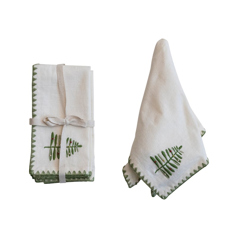 Cotton Napkins with Embroidered Tree and Edge, Set of 4