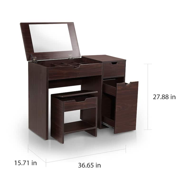 Furniture of America Laurel Transitional Walnut Flip-top 2-Piece Makeup Vanity Set with Mirrored Glass