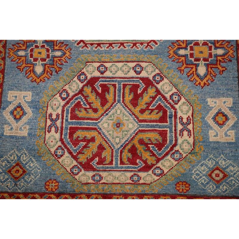 Blue Geometric Kazak Foyer Rug Hand-Knotted Wool Carpet - 3'5" x 4'11"