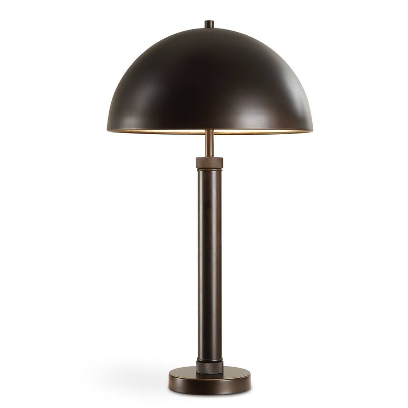 Modern Accent Table Lamp, Dome Shade, Gold Edge, Black Metal Round Base