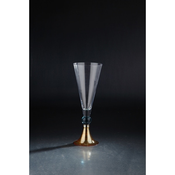 13.5" Clear Fluted Hand Blown Glass Vase with Orange and Blue Base - N/A