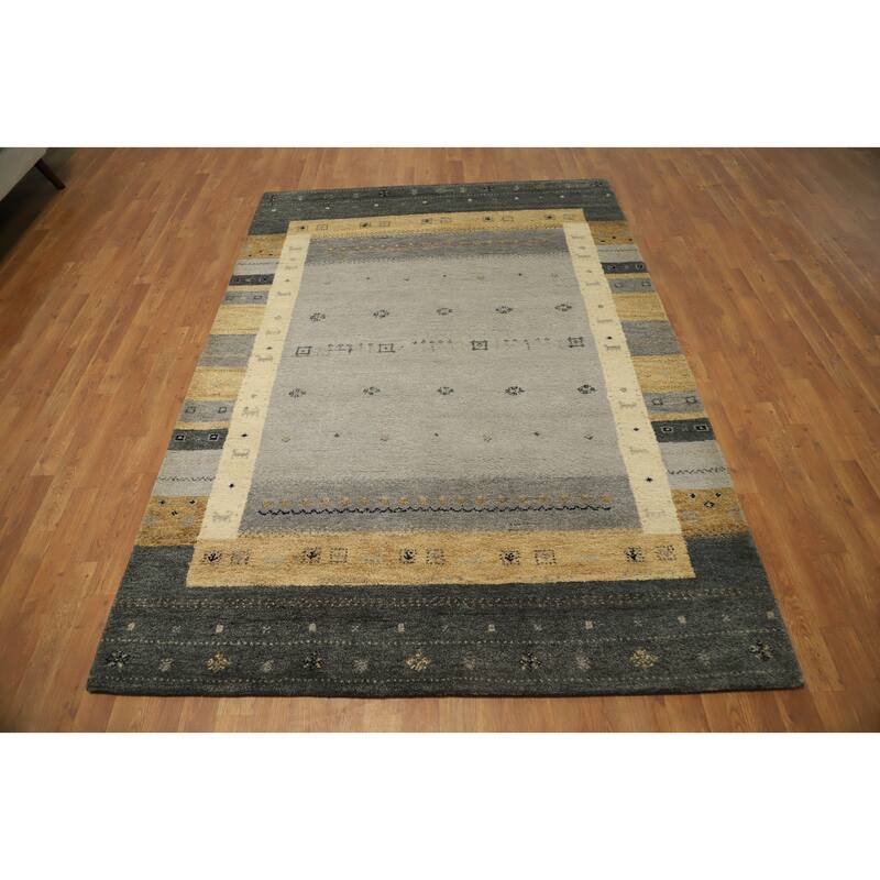 Hand Knotted Oriental 100% Wool Carpet Modern Geometric Greys & Charcoal Gabbeh Area Rug - 7' 9'' X 5' 6''