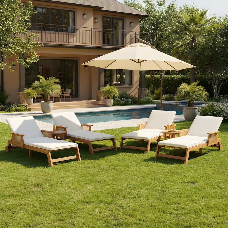 Christopher Knight Home - Soel Outdoor Acacia Wood Wicker 3-Position Adjustable Chaise Lounge with Wheels & Removable Cushion - Set of 4+Brown