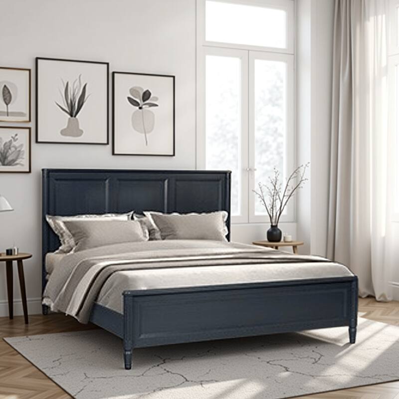 Alta King Size Bed, Classic French Design, Malta Blue Solid Wood Frame