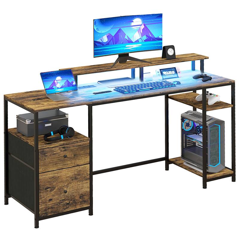 LED Gaming Desk with USB Ports & Power Outlets, Office Desk with Adjustable Foot Pads & Storage Shelves