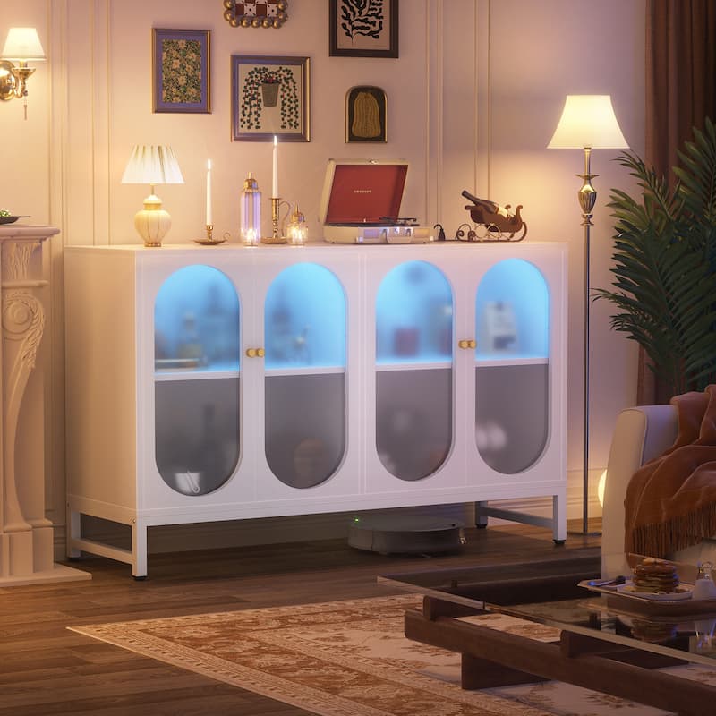Modern Farmhouse Black Sideboard Buffet with USB Port, Black Storage Bar Cabinet with LED Light