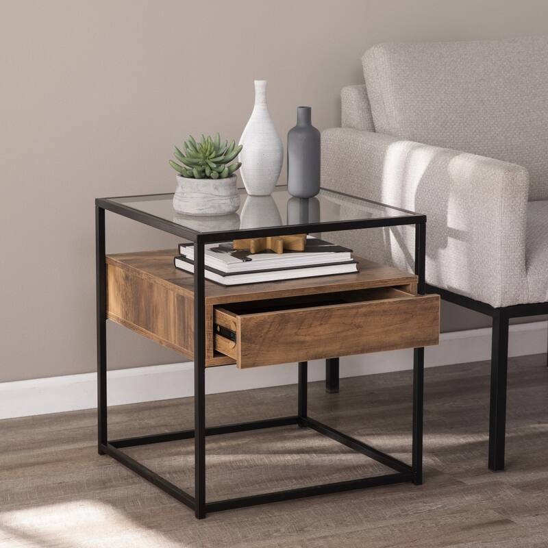22" Black Glass And Iron Square End Table With Drawer With Shelf - 20x20x22