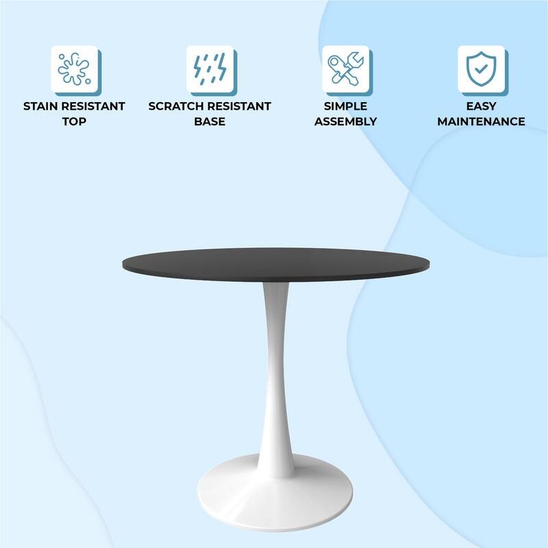 Bristol 35 Inch Mid Century Modern Round Dining Table, Wood Top & Glossy Iron Pedestal Base for Kitchen & Dining Room