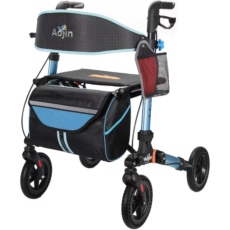 Lightweight Foldable All Terrain Rolling Walker with seat, Aluminum Walkers with 8 inch Rubber Wheels - Blue