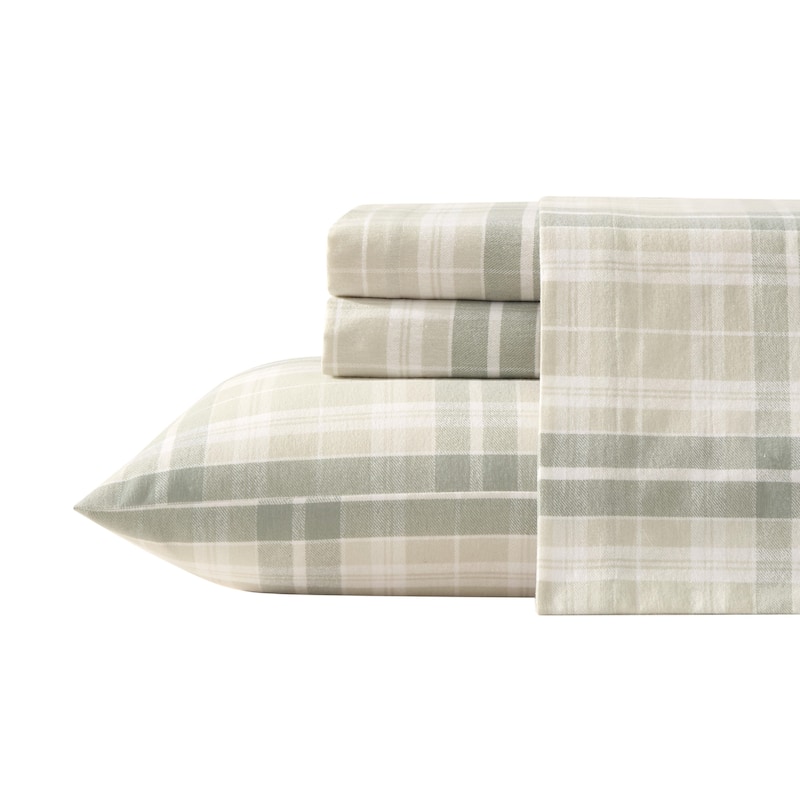 Laura Ashley Printed Cotton Flannel Sheet Set - Mulholland Plaid Green - Queen