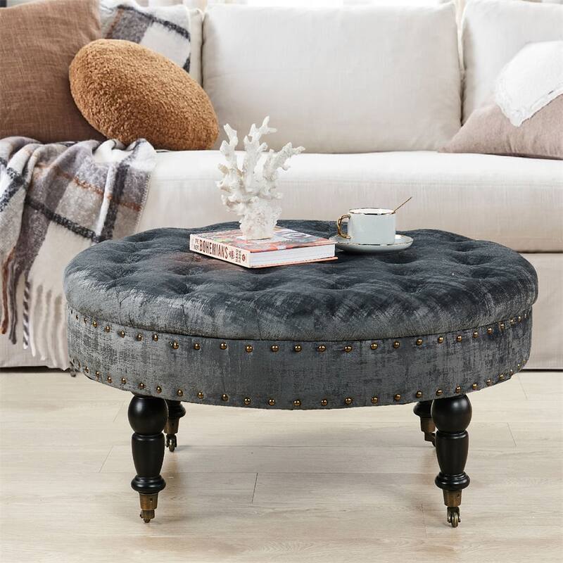 Round Velvet Tufted Coffee Table Ottoman, 34" x 34" x 17" H