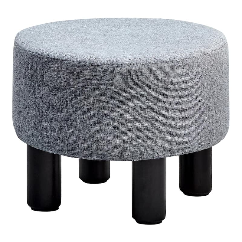 Modern Small Round Linen Ottoman Footstool with Wooden Legs for Bedroom or Living Room - Grey