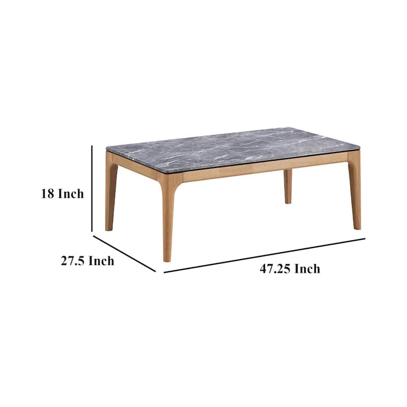 Aris Coffee Table, 47 Inch Gray Faux Marble, Rectangular Brown Wood