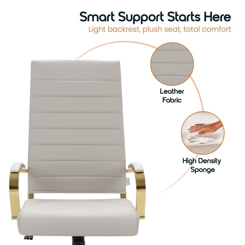 Benmar High-Back Leather Office Desk Chair in Brushed Gold Steel Frame Cushion Padded Armrests Tilt Lock Swivel Ergonomic Chair