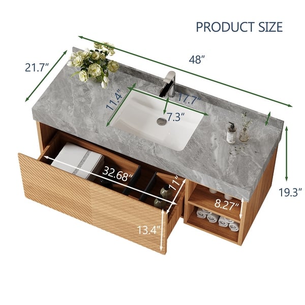dimension image slide 2 of 10, 48" Modern Floating Single Bathroom Vanities with Sink, Brown or Natural wood, 2 Drawers