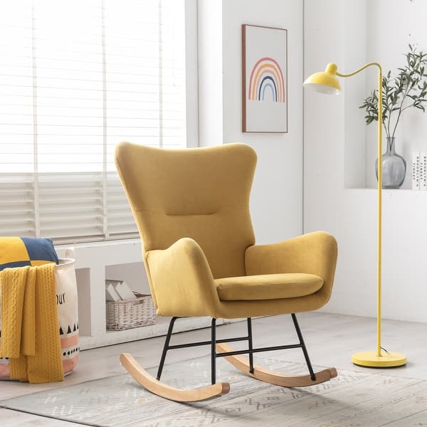 slide 2 of 41, Velvet Armchair Wingback Comfy Rocker Chair with Thick Padded Seat for Nursery Yellow