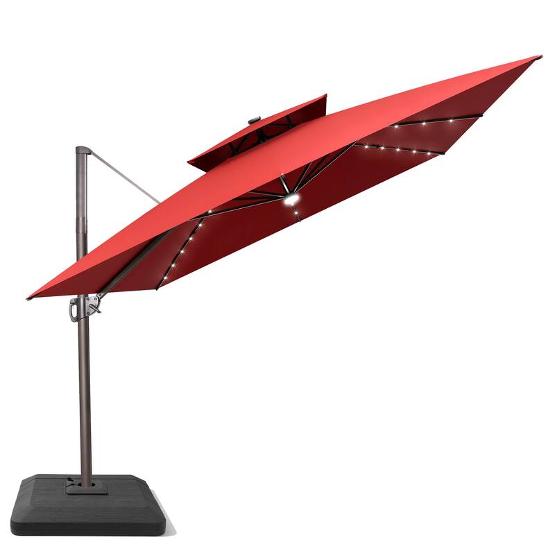 11 FT Square Outdoor Patio Cantilever Umbrella Solar LED Lighted with Weight Base - Red