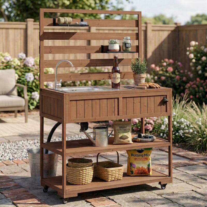Roomfitters 41.7" Garden Potting Bench with Sink, Rolling Outdoor Potting Table, Bottle Opener, Storage Shelves, Hutch
