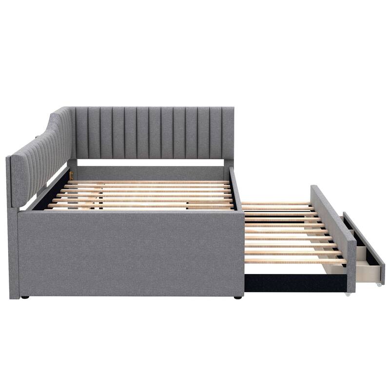 Upholstered Linen Bed Frame, Full Size Daybed with Pull-out Trundle and Storage Three Drawers for Bedroom/Apartment