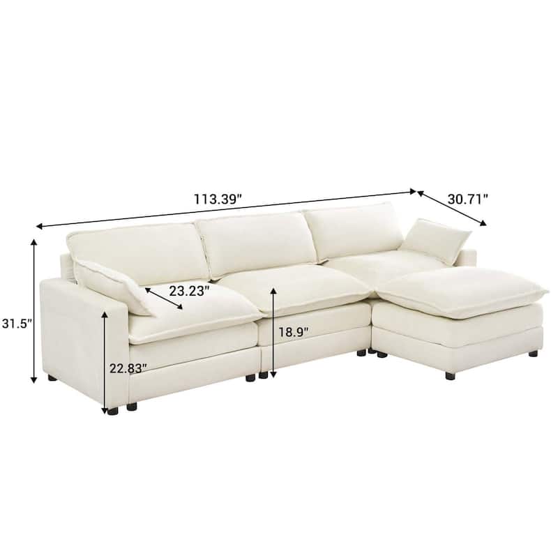 Chenille 113-Inch Modular Combo Sofa, Modern 3-Seater L-Shaped Sofa with Ottoman, 2 Cushions, Side Pockets