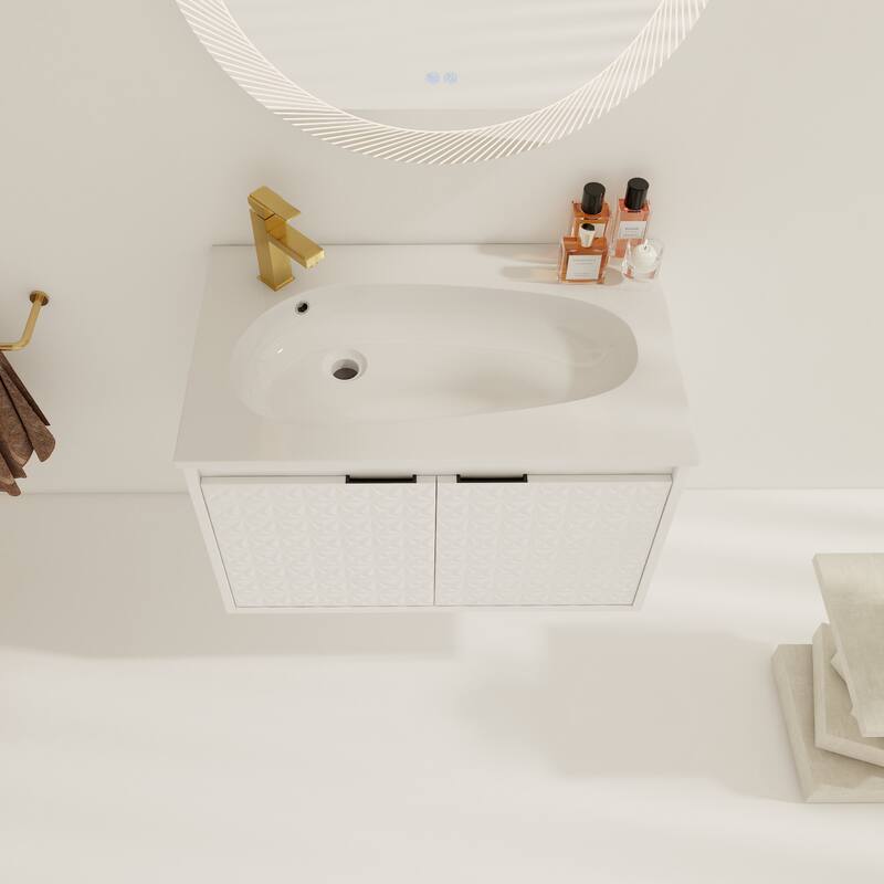 White Double-Door Wall-Mounted Vanity with Drop-Shaped Resin Sink, Soft-Close Hinges, and Hidden Metal Handles