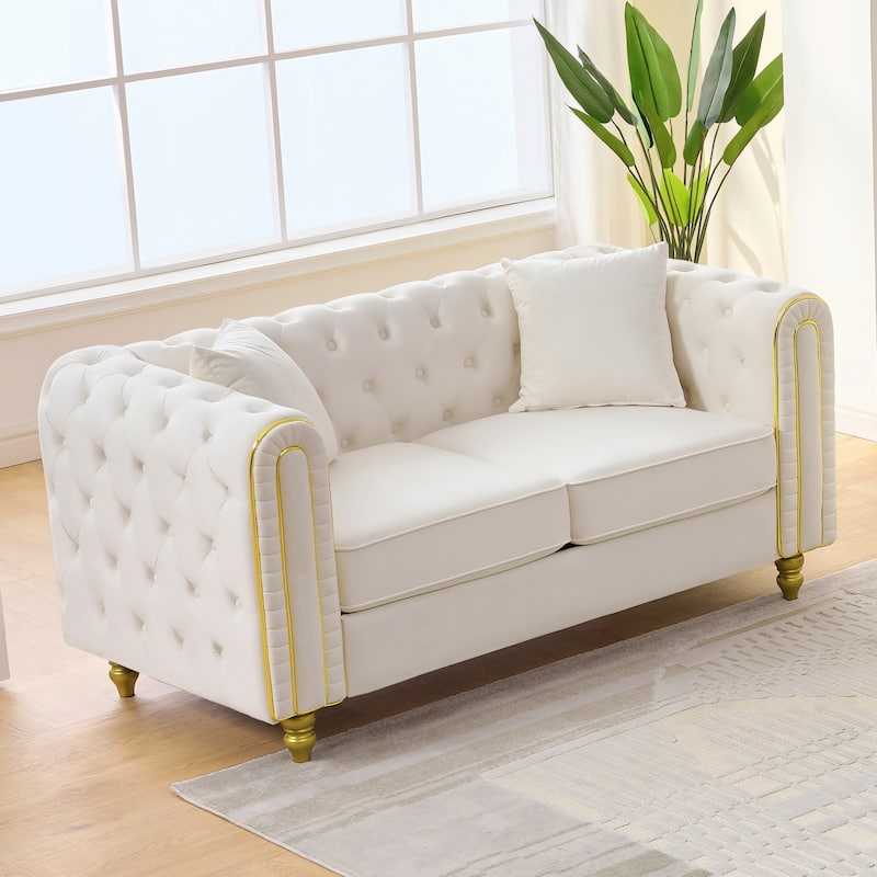 Roomfitters 63" Modern Upholstered Chesterfield Loveseat with Gold Trim, Button Back 2-Seater Couch for Small Spaces