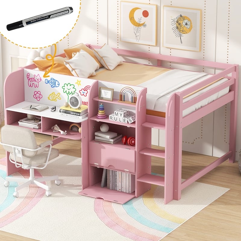 Wooden Full Size Low Loft Bed with Built-in Desk, Solid Pine Storage Loftbed Frame with Cabinets, Bookcase and Graffiti Board
