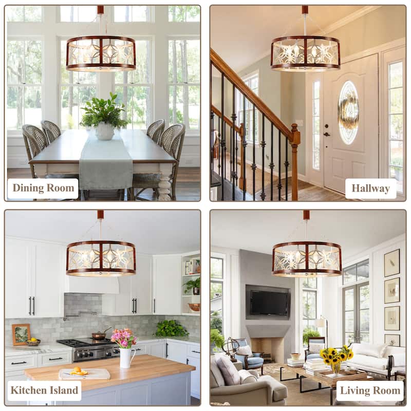 Cusp Barn 4-Light Rustic Wood Chandelier Shabby Hanging Lamp Farmhouse Drum Pendant Light Fixtures for Entryway