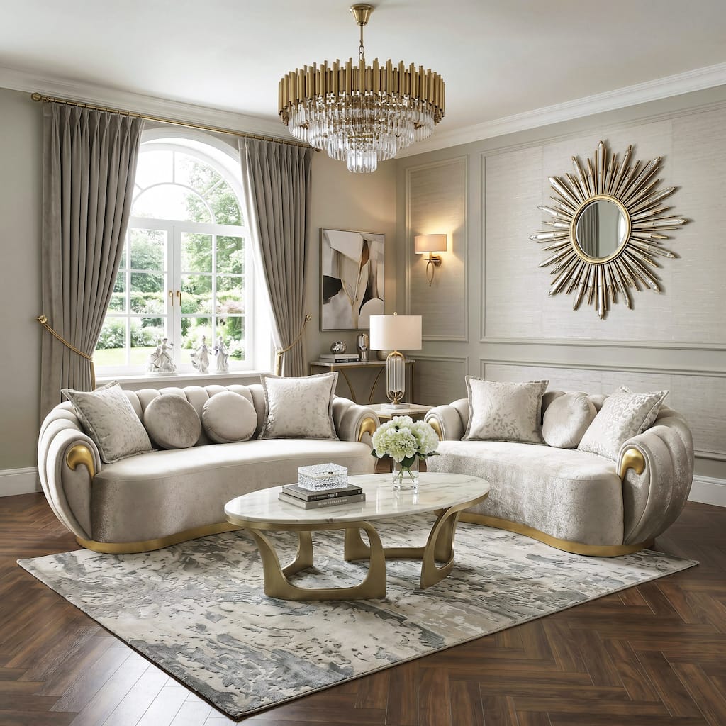 Furniture of America Vesper Glam 2-Piece Metallic Taupe Curved Back Sofa Set with Accent Pillows