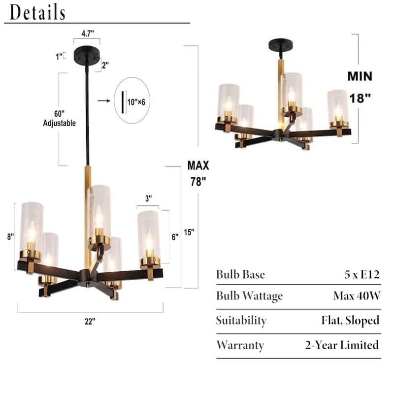 Yilia Modern 5-Light Black Gold Chandelier Glass Pendant Lights for Dining Room - 22" D x 15" H