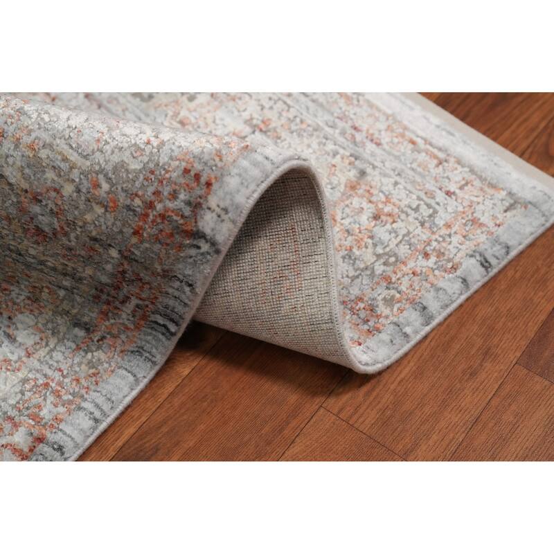 Machine Made Oriental Polyester Carpet Medallion Oranges & Rust Distressed Area Rug - 7' 5'' X 5' 2''