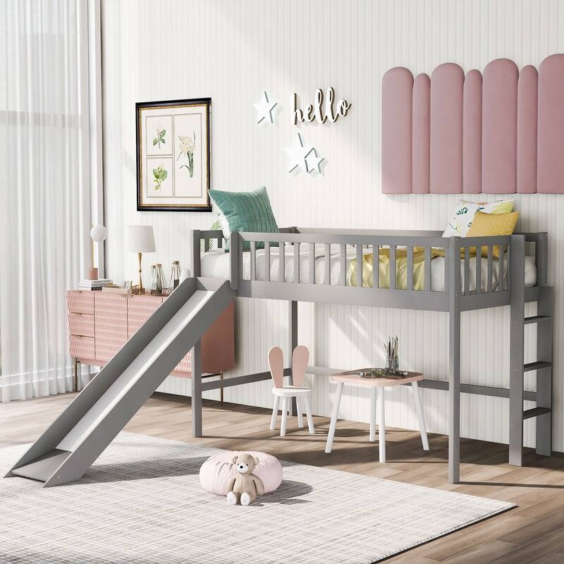 Twin Size Low Loft Bed with Ladder and Slide, Gray